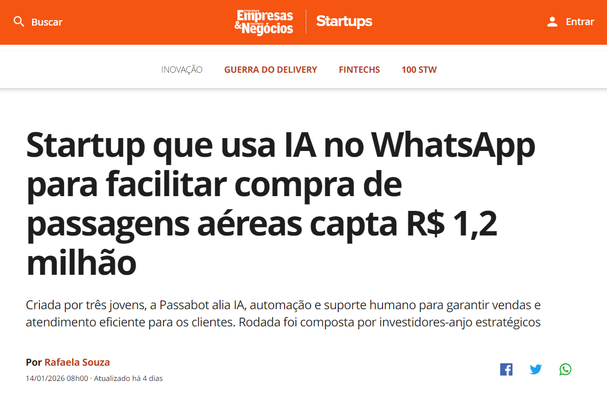 PEGN: Startup que usa IA no WhatsApp para facilitar compra de passagens aéreas capta R$ 1,2 milhão
